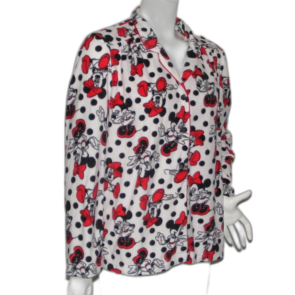 DISNEY Minnie Mouse Pajama Top, L, White Polka Dots, Minnie all over, Buttons LS - Picture 3 of 11